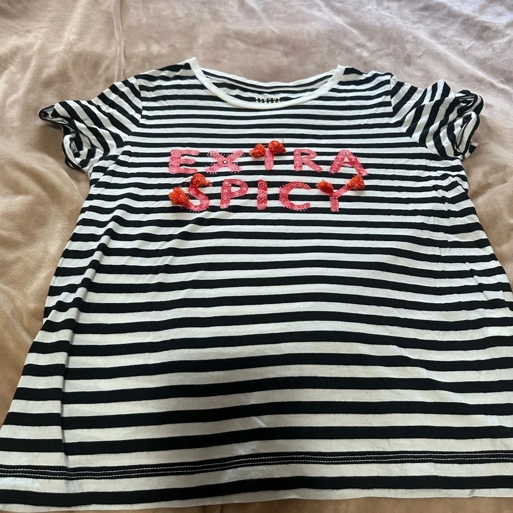 Kate Spade Black and White Striped Tee with Red 'Extra Spicy' Design M